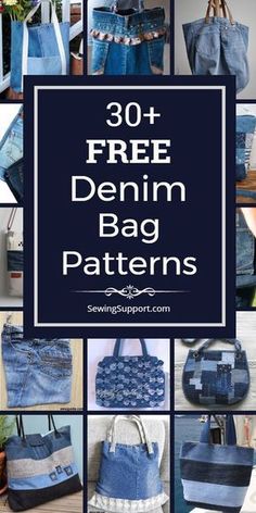 30 free denim bag patterns for purses, bags and handbags with the title'30 free denim bag patterns '