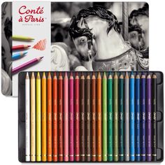 colored pencils are in a box with an image of a man kissing a woman