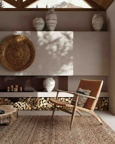 a living room filled with furniture next to a firewood log pile and a wall mounted tv