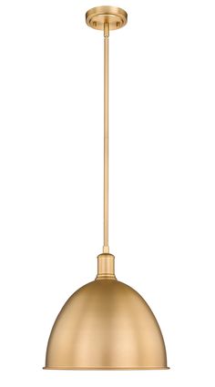 a brass colored pendant light with a white background