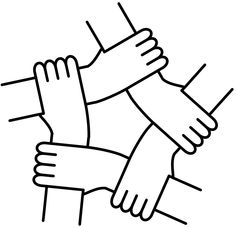 four hands are stacked on top of each other in the middle of a line drawing