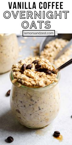 vanilla cold brew overnight oats in a glass jar with chocolate chips on the side