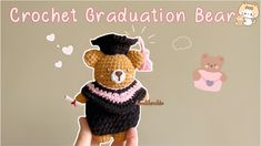 a crochet graduation bear is wearing a black hat and pink dress with a tassel