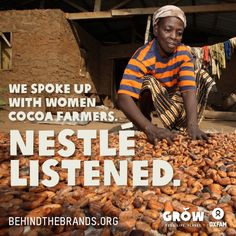 a woman sitting in front of a pile of cocoa beans with the words, we spoke up with women cocoa farmers mars listened