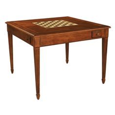 a small wooden table with chess board on it's top and drawered drawers