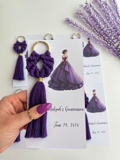 a hand holding a keychain with purple tassels on it, and two pictures of the bride's dress