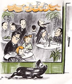 a drawing of people sitting at a restaurant with a dog laying on the floor in front of them