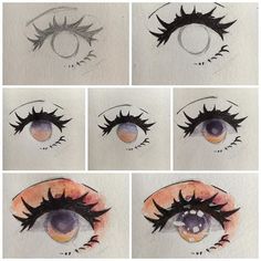 the steps in how to draw an eye with colored pencils and watercolor paints