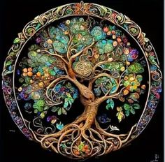 the tree of life has many different colors and patterns on it's branches, as well as its roots