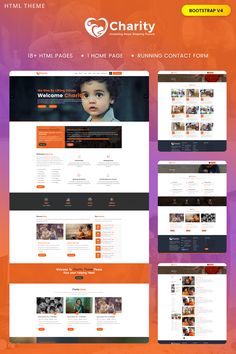 the homepage for charity is displayed on an orange and purple background with multiple colors