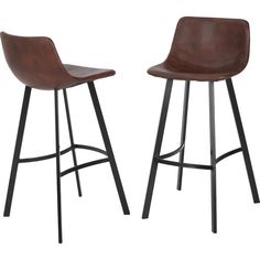 two brown leather bar stools with black metal legs and backrests, side by side