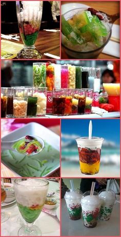 many different shots of food and drinks on a table