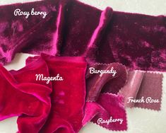 three different shades of purple and magenta, with names on the bottom right corner