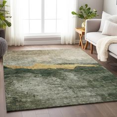 a living room with a couch, chair and rug on the floor in front of a window