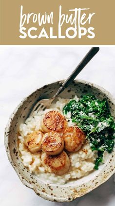 some shrimp and broccoli are served in a bowl with rice, spinach on the side