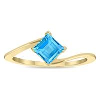 Women's Solitaire Square Shaped Blue Topaz Wave Ring in 10K Yellow Gold Wave Ring, 2 Carat, Princess Cut, Gemstone Ring, Ring Set, Blue Topaz, Prong Setting, Ring Sets, Lab Grown Diamonds