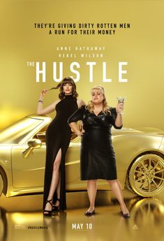 two women standing in front of a gold car with the words hustle on it