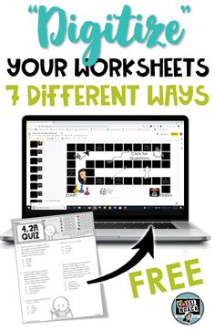 a laptop computer sitting on top of a desk next to a paper with the words,'free printable your worksheets 4 different ways '