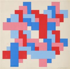 an abstract painting with red, blue and pink squares