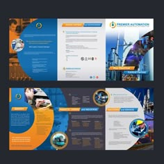 a brochure that is designed to look like an industrial area with blue and orange colors