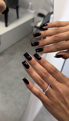 Extreme Square Nails, Black Short Acrylics, Short Black Square Nails, Short Square Black Nails, Black Square Acrylic Nails, Black Square Nails, Dark Fall Nails, Black French Tip, 29th Birthday