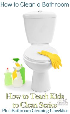 a white toilet with yellow gloves and cleaning products next to it on a white background