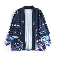 Blue Pink Flowers Haori Women | Japanese Temple Japanese Outfits, Kimono Cardigan, Kimono Dress