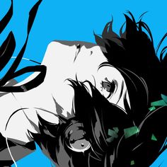 an anime character with black hair and green eyes laying on the ground in front of blue sky