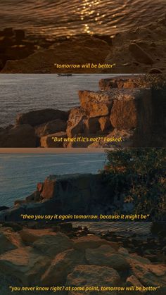 two different views of the ocean with some words written on it and an image of rocks in