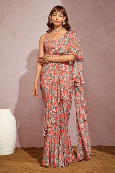 Beige Printed Pre-draped Ruffled Saree with Embroidered Blouse Frill Saree, Ruffle Pattern, Bridesmaid Saree, Coral Print, Blouse For Women, Blouse Online