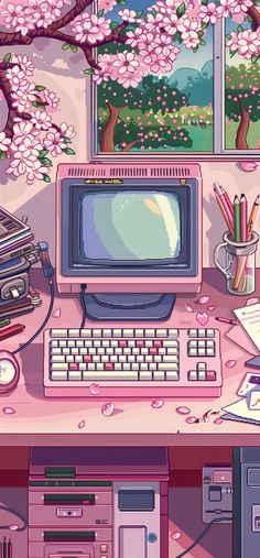 an old computer sitting on top of a desk next to a window with pink flowers