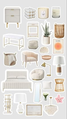 an assortment of white furniture and lamps