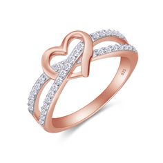 a rose gold ring with two intertwined hearts and diamonds on the band, set against a white background