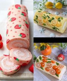 there are many different pictures of food on the table and one is decorated with strawberries