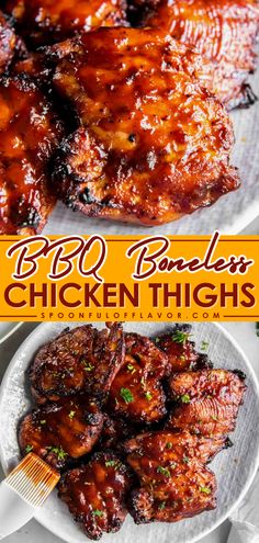 Enjoy these delicious BBQ Boneless Chicken Thighs any time of the year. Cook them on the grill or in the oven in less than 30 minutes! Boneless Chicken Thigh Crockpot Meals, Bbq Grill Recipes Meat, Chicken Thigh Recipes Bbq Grill, Chicken Thigh Barbeque Recipes, Chicken Thighs On Bbq, Chicken Thigh Bbq Marinade, Stove Top Barbecue Chicken, Chicken Ribs Recipe, Quick And Easy Boneless Chicken Thigh Recipes