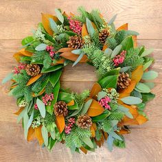 Magnolia Greens Wreath - Creekside Farms Gorgeous fresh greens & magnolia with pepper berries & rustic brown pine cones wreath 22 Autumn Centerpieces, Herb Wreath, Magnolia Green, Magnolia Wreath, Pinecone Wreath, Wreaths And Garlands, Green Wreath, Seasonal Wreaths, Winter Themed