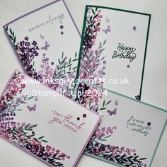 three cards with flowers on them and the words i love you always written in purple