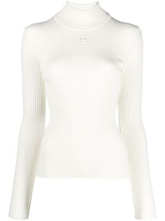 ivory white funnel neck long sleeves ribbed knit embroidered logo to the front Crochet Hoodie, Striped Vests, Knitted Tops, Ribbed Knit Top, Loose Fitting Tops, High Neck Long Sleeve, Knitted Tank Top, Funnel Neck, Ivory White