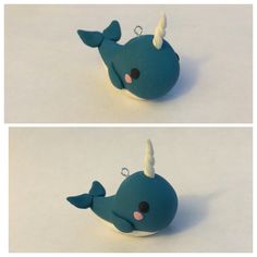 two pictures of a blue whale ornament with white horns on it's head