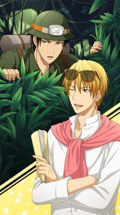 two anime characters are standing in front of some plants and trees with their arms crossed