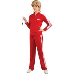 a woman in a red track suit is standing with her hands on her hips and looking at the camera