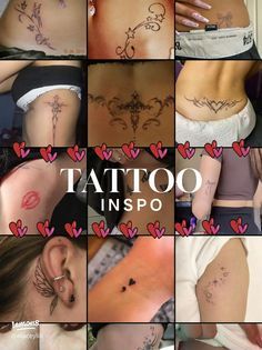 many different tattoos on the back of women's bodies and behind them are hearts