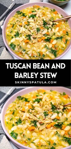 two bowls filled with bean and barley stew