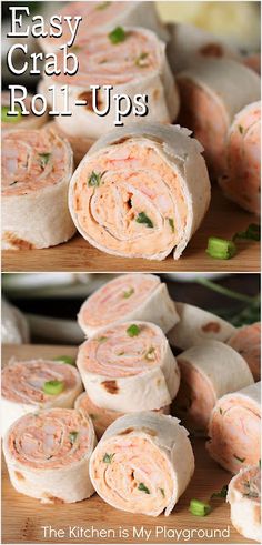 two pictures of rolls with meat and vegetables in them on a cutting board next to the words, easy crab roll - ups