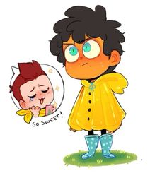 a drawing of a boy with glasses and a yellow raincoat holding a baby's face