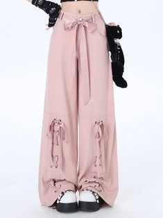 Elevate your wardrobe with these Pink Lace-up Detail Wide Leg Pants. These pants feature a chic lace-up detail, adding a touch of elegance to your everyday look. The wide-leg design ensures a flattering silhouette, while the soft pink hue brings a playful yet sophisticated charm.  The price is for a pair of pants only, others are not included.  Garment Size   	 		 			Size 			S 			M 			L 		 		 			Full Length 			102 			104 			106 		 		 			Waist 			64 			68 			72 		 		 			Hips 			96 			100 			104 Ballet Style, Style Kawaii, Ballet Fashion, Pink M, Really Cute Outfits, Lolita Dress, Streetwear Women, Dream Clothes, Kawaii Fashion