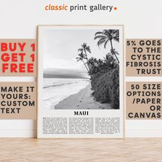 an advertisement for a print shop featuring palm trees and the ocean