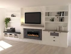 a living room filled with furniture and a flat screen tv mounted on the wall above a fire place