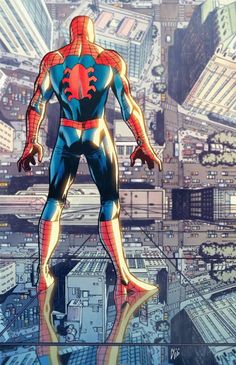 the amazing spider - man is standing in front of a cityscape with skyscrapers