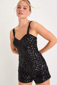 You'll radiate with undeniable glamour when you strut in wearing the Lulus Alluring Glow Black Sequin Sleeveless Bustier Romper! Glittery black sequins create an ultra-subtle diamond pattern across this impressive romper that features a bustier-style bodice with seamed cups and a flirty sweetheart neckline, supported by stretchy elastic tank straps. The fitted waist tops a pair of cute shorts that will perfectly show off your favorite pair of heels! Hidden back zipper/clasp. Fit: This garment fi Sleeveless Sequin Dress With Corset Back For Party Season, Fitted Sleeveless Sequin Dress With Corset Back, Glamorous Sleeveless Sequin Dress With Corset Back, Sleeveless Sequin Dress With Corset Back For Night Out, Glamorous Black Sleeveless Sequin Dress, Glamorous Sequin Fabric With Spaghetti Straps For Night Out, Black Fitted Sequin Dress With Spaghetti Straps, Black Sleeveless Glamorous Sequin Dress, Glamorous Black Sequin Fabric